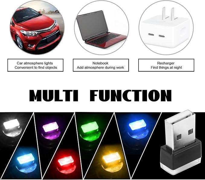 NTNEV 7PCS USB LED Car Interior Atmosphere Lamp, Mini Led USB Lights for Car Decoration, Ambient Lighting Kit, Plug-in USB Interface, Universal Car Interior Accessories(Multi-Color)