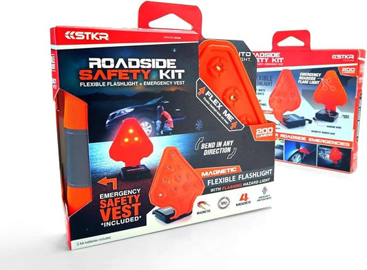 STKR Concepts FLEXIT AUTO Roadside Flashlight Safety Kit - A 200 Lumen, Ultra-Flexible Roadside Safety LED Flashlight + High-Vis Safety Vest Combo Kit,Orange,00388