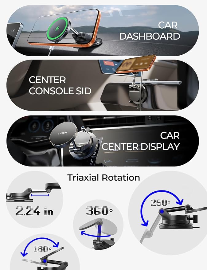 LISEN for 15W Magsafe Car Mount Charger 2 Pack, Magnetic Phone Holders for Your Car, Magnetic Wireless Car Charger, Suction Phone Mount for Car Accessories for iPhone 17 Pro Max 16 15 14 13 12
