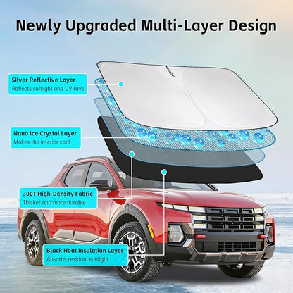 Windshield Sun Shade for Hyundai Santa Cruz 2022-2026 Sunshade 300T Windshield Cover Blocks UV Rays Custom Fit Santa Cruz Front Window Shades Windshield Accessories Keep Cool Foldable