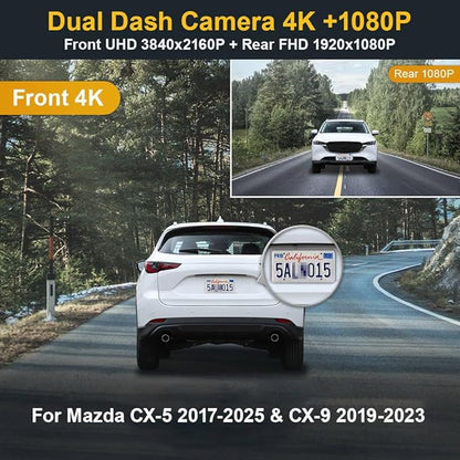 Fitcamx Front 4K+Rear 1080P Dash Cam Adapts for Mazda CX-5 2017-2025 & CX-9 2017-2023 (NO Sunroof/Connect toFuse Box), OEM Look, Dual HD Video, WiFi & APP, Loop Recording, Parking Mode, 128GB Card