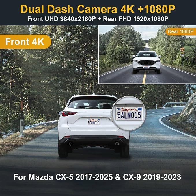 Fitcamx Front 4K+Rear 1080P Dash Cam for 2017-2025 Mazda CX-5 & CX-9 2017-2023 (Has Sunroof), OEM Factory Look, Dual HD Video, WiFi & APP, Loop Recording, Parking Sensor, Easy to Use, 128GB Card