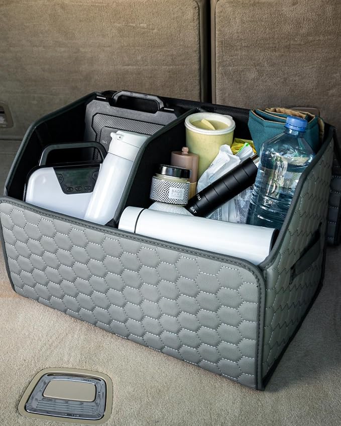 Owleys Foldable Trunk Organizer for Car - Collapsible Auto Trunk Organizer with Lid - Small and Large Cargo Organizer - Trunk Storage Box with 2 Compartments - Gray 17