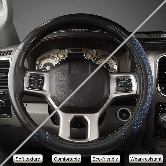 West Llama Customized Auto Car Steering Wheel Cover for Dodge RAM 1500 2500 3500, 15.5-16 inch (Diamond Quilted-Black+Blue-Large Size)