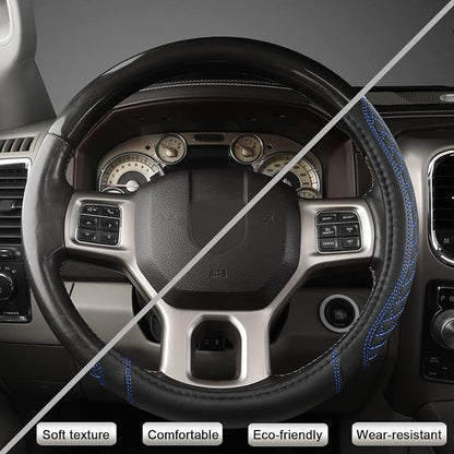 West Llama Customized Auto Car Steering Wheel Cover for Dodge RAM 1500 2500 3500, 15.5-16 inch (Diamond Quilted-Black+Blue-Large Size)