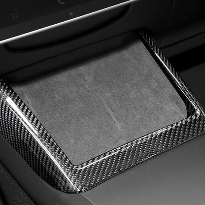 NVCNX Hard Rigid Real Carbon Fiber for Tesla New Model 3/Y Highland 2024-2026 for Juniper 2025 2026 Accessories Wireless Charger Charging Phone Pad Panel Frame Cover Interior Trim 1PC - Glossy Carbon