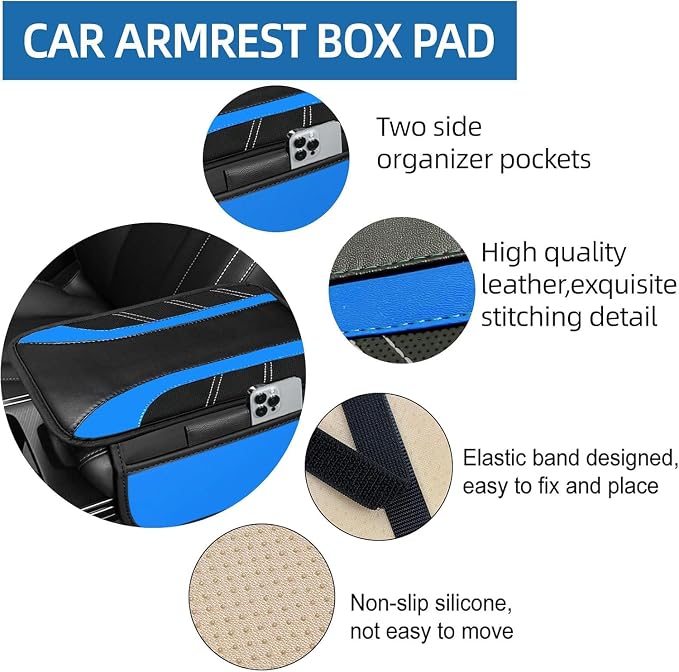 NBTEPEM 6 Pcs Blue Car Accessories Set, Sport Leather Steering Wheel Cover 14.5-15inch Universal, Microfiber Leather Car Center Console Cover, Seat Belt Cushion, Cup Holder Coaster (Black-Blue)
