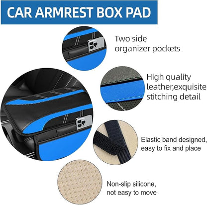 NBTEPEM 6 Pcs Blue Car Accessories Set, Sport Leather Steering Wheel Cover 14.5-15inch Universal, Microfiber Leather Car Center Console Cover, Seat Belt Cushion, Cup Holder Coaster (Black-Blue)