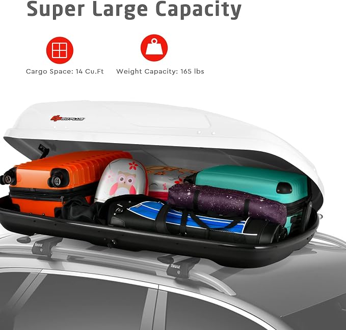 Goplus Rooftop Cargo Carrier Hard Shell, 14 Cubic Feet Waterproof Car Roof Cargo Carrier w/Dual Side Opening, Security Key, 165LBS Capacity, for 17” to 22.8” Wide Crossbar Rack, Vehicle Cargo Box