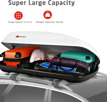 Goplus Rooftop Cargo Carrier Hard Shell, 14 Cubic Feet Waterproof Car Roof Cargo Carrier w/Dual Side Opening, Security Key, 165LBS Capacity, for 17” to 22.8” Wide Crossbar Rack, Vehicle Cargo Box