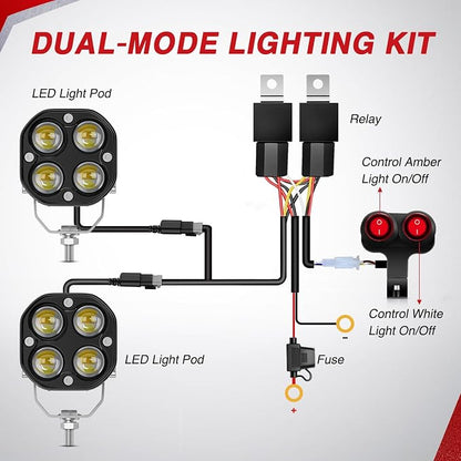 Nilight 7/8" Handlebar Motorcycle LED Driving Light Pod 2PCS 3 Inch 40W White Amber Dual Color Spot Beam Fog Auxiliary Offroad Lighting with 16AWG Wiring Harness for 12V Motorbike Dirt Bike e-Bike