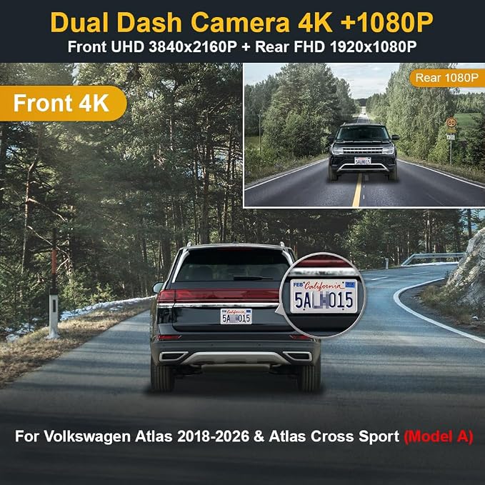 Fitcamx Front 4K+Rear 1080P Dash Cam Adapts for Volkswagen Atlas 2018-2026 (Model A/Narrow Rear End) & Atlas Cross Sport 2020-2026, OEM Look, Dual Loop Recording, WiFi & APP, Parking Mode, 128GB Card