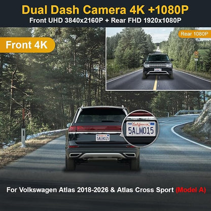 Fitcamx Front 4K+Rear 1080P Dash Cam Adapts for Volkswagen Atlas 2018-2026 (Model A/Narrow Rear End) & Atlas Cross Sport 2020-2026, OEM Look, Dual Loop Recording, WiFi & APP, Parking Mode, 128GB Card