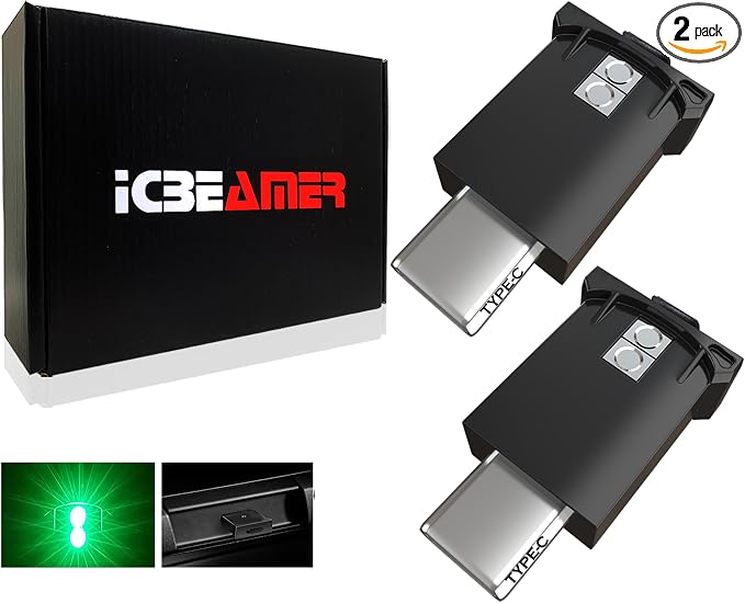 ICBEAMER Type C Adapters USB Atmosphere LED Light 2-Pack (Green) | Smart Interface Plug-in Miniature LED Night Light for Car, Trunk, Van, Pickup, Ambient Decoration