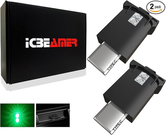 ICBEAMER Type C Adapters USB Atmosphere LED Light 2-Pack (Green) | Smart Interface Plug-in Miniature LED Night Light for Car, Trunk, Van, Pickup, Ambient Decoration