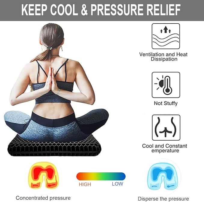 Gel Seat Cushion for Long Sitting Pressure Relief(Extra Thick＆Soft) -Wheelchair Cushion for Pressure Sores - Coccyx, Sciatica & Tailbone Pain Relief Cushion- Non-Slip Butt Pillow for Office,Home,Car