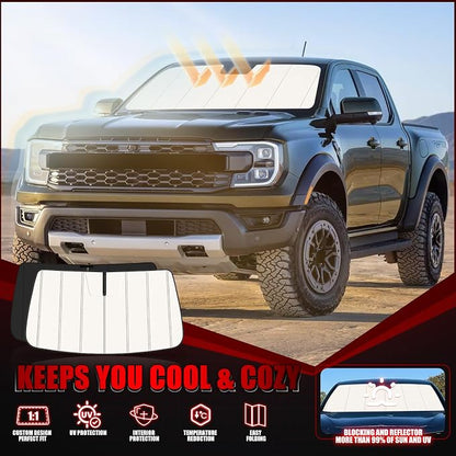 Windshield Sun Shade for Ford Ranger 2019-2025 2026, Front Window Visor Accessories, Folding Design Blocks Heat & UV Rays Maintain Cool Interior and Save Space