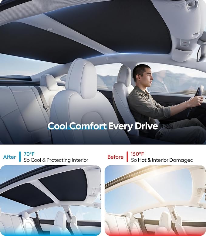 Wigoo 2026 Tesla Model 3 Sunshade Roof [Never Sag, Nano Ice-Crystal Coatings] Heat Reflective Glass Roof Sun Shade, Accessories for Tesla Model 3 2020~2026, Tesla Interior Black