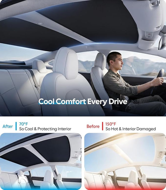 Wigoo 2026 Tesla Model 3 Sunshade Roof [Never Sag, Nano Ice-Crystal Coatings] Heat Reflective Glass Roof Sun Shade, Accessories for Tesla Model 3 2020~2026, Tesla Interior Black