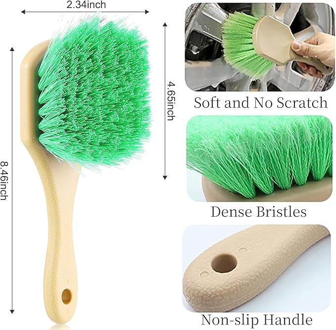 Wheel Rim Tire & Carpet Cleaning Brush Set, Soft & Stiff Bristle Wash Cleaning Supplies Kit for Car All Exterior Surface and Car Interior Cleaning Brush for Car Truck SUV RV Motorcycle (Green)
