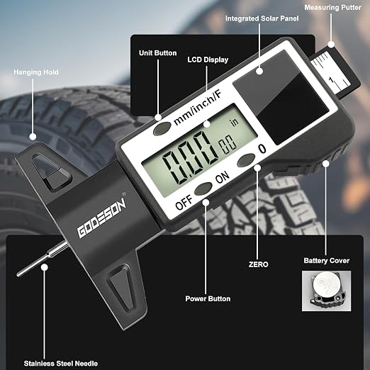 GODESON Digital Tire Tread Depth Gauge -Reads 32NDS, Inch & MM/Solar/Battery Hybrid Power/1" (25.4mm) Range/Accurate Tire Thread Depth Gauge Tool Suitable for Cars, Trucks, Motorcycles