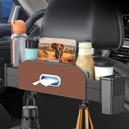 Back Seat Car Organizer,5 in 1 Multifunctional Car Back Seat Storage Box with Trash Can Drink Cup Holder Tissue Box, for Hold Phone,Snacks, Drinks, Handbag-Brown