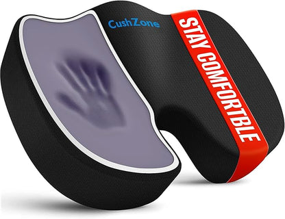 CushZone Seat Cushion - Memory Foam Office Chair Cushion for Sciatica, Tailbone & Back Pain Relief - Orthopedic Coccyx Pillow for Car, Airplane, Pregnancy & Long Sitting at Work, Black