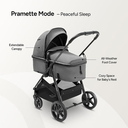 Mompush Wiz 2 in 1 Baby Stroller with Infant Pramette Mode, One Hand Fold Convertible Newborn to Toddler Stroller with Reversible Seat and Large UPF 50+ Canopy