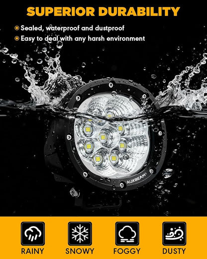 Auxbeam 4 Inch Round LED Light Pods, 90W Offroad Flood White Light Bar, Super Bright 9000LM Driving Work Light with DT Plug Wiring Harness Kit for Truck Boat Pickup ATV UTV SUV-2PCS