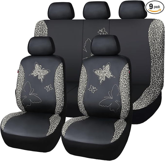Flying Banner Butterfly car seat Covers ful Set Fashion Universal Lady Woman Female Rear Bench Split Colorized (Full Set - Faux Leather, Leopard Gray)