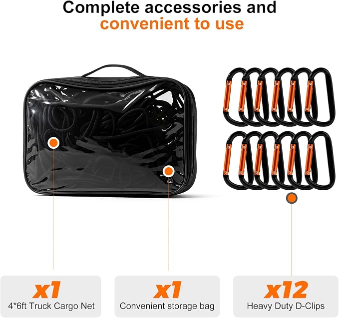 Cargo Net for Pickup Truck Bed-4’x6’ Stretches to 8’x12’,with 12 Adjustable Metal Carabiners，Easy-to-use Tailgate Cargo Netting- Compatible with Ford, Dodge RAM, Chevy, Toyota (Black)