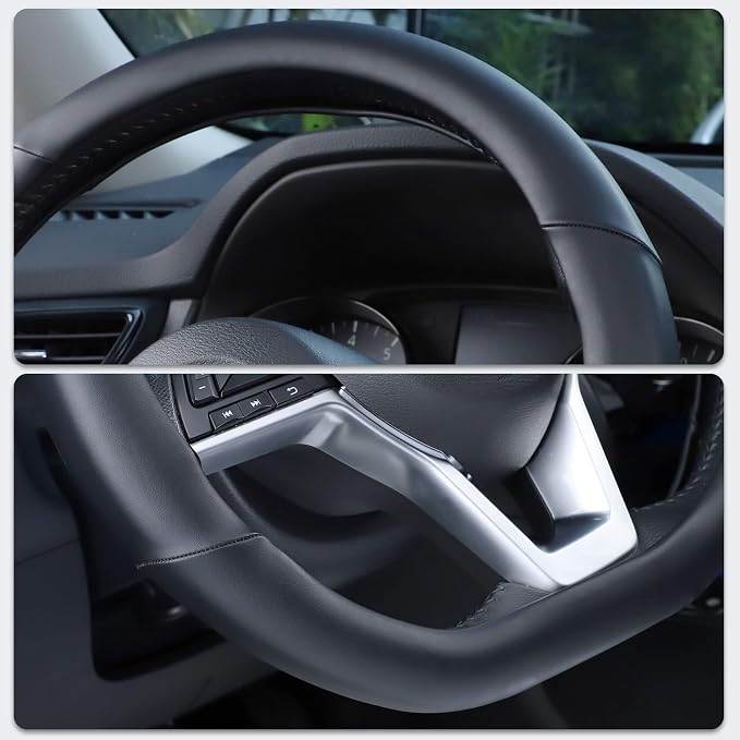 SEG Direct Flat Bottom Steering Wheel Cover, D Shaped Car Wheel Cover 14 1/2-15 in. (37-39 cm), Black Microfiber Leather