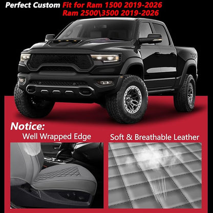 Ram 1500 Seat Covers 2019-2026 Full Set, Truck Interior Sets with Lumbar Support Custom Fit for Dodge Ram 1500/2500/3500 Crew/Mega Cab with Rear Flat Bench, Gray