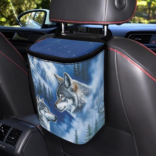 Talayituse Wolf Mountain Print Car Trash Can with Lid, Leak Proof Auto Trash Bag Hanging Vehicle Garbage Can Multipurpose Storage Container for Back Seat Road Trip