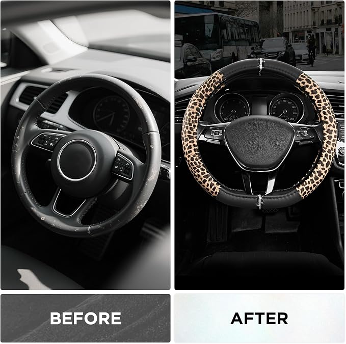 Road Comforts Leopard Steering Wheel Cover for Women, Cute Anti-Slip Microfiber Leather, Fits D Shape Flat Bottom Steering Wheel 14.5-15 Inch - Black