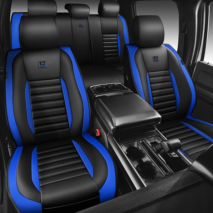 CAR PASS Nappa Leather Car Seat Covers Full Set, Luxury Seat Protector for Cars, Waterproof Anti-Slip Seat Cushion Armrest Compatible Airbag Universal for Sedan SUV Pick-up Truck Auto, Black Blue