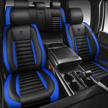 CAR PASS Nappa Leather Car Seat Covers Full Set, Luxury Seat Protector for Cars, Waterproof Anti-Slip Seat Cushion Armrest Compatible Airbag Universal for Sedan SUV Pick-up Truck Auto, Black Blue