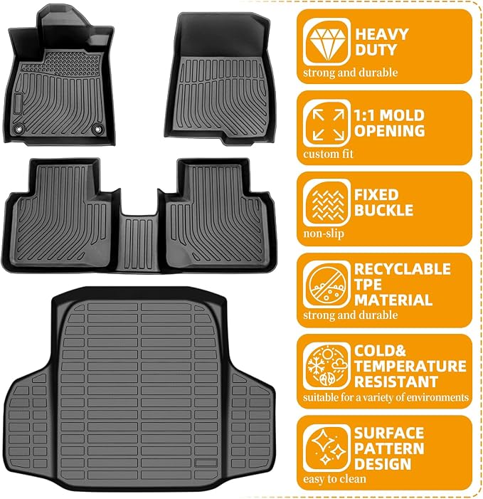 Floor Mats for Honda Accord 2018-2020 2021 2022, Accord & Accord Hybrid Floor Mats, NOT for Hatchback, Non-Slip Summer Winter, 1st & 2nd Row & Cargo Mats