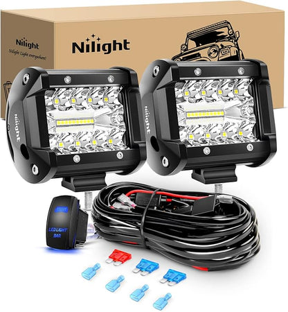 Nilight 2PC 4Inch Triple Row Lights 60W Flood Spot Combo 6000LM Bar Driving Boat Led Off Road Trucks with 12V On/Off 5 Pin Rocker Switch Power 16AWG Wiring Harness Kit-2 Leads