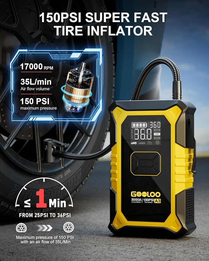 GOOLOO A3 Jump Starter with Air Compressor, 3000A Portable Car Battery Jumper Starter (9.0L Gas/6.5L Diesel) with 150PSI Auto-Shutoff Tire Inflator, 12V Supersafe Lithium Jump Box Car Booster, Yellow