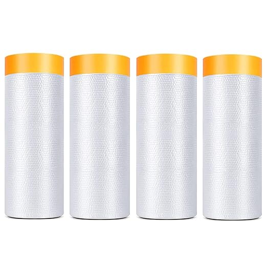 Painters Plastic With Tape, Pre-Taped Masking Film, 4 Rolls Automotive Best Tape and Drape, Paint Adhesive Protective Film Roll for Covering Skirting, Frames, Cars and Auto Body (5 X 65-Feet)