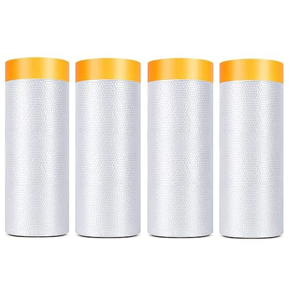 Painters Plastic With Tape, Pre-Taped Masking Film, 4 Rolls Automotive Best Tape and Drape, Paint Adhesive Protective Film Roll for Covering Skirting, Frames, Cars and Auto Body (5 X 65-Feet)