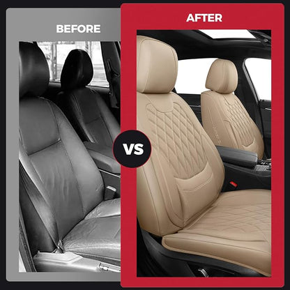 FREESOO Front Car Seat Covers - Luxury Breathable Waterproof Faux Leather Car Seat Cushion Protector with Lumbar Support, Universal Fit for Most 5 Seats Vehicles, Sedans, Hatchbacks, and Trucks, Beige