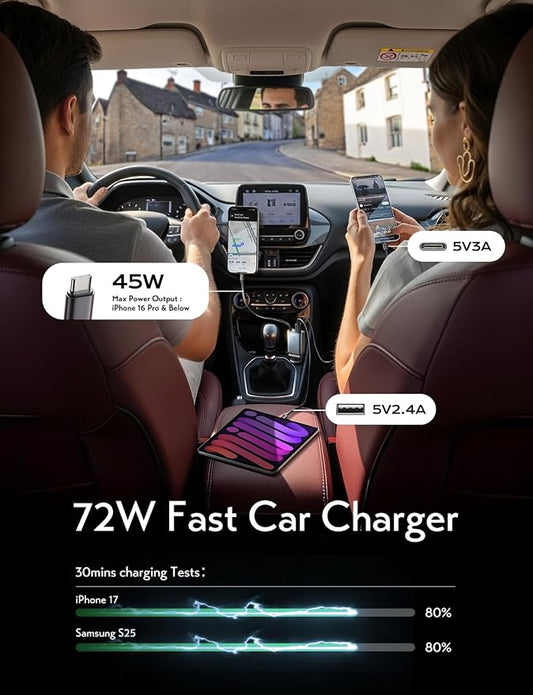 LISEN Retractable Car Charger USB C, [Upgraded 72W Max] | Car Accessories，Gifts for Men Women Him Her Car Charger for iPhone/Android Truck RV Electronics