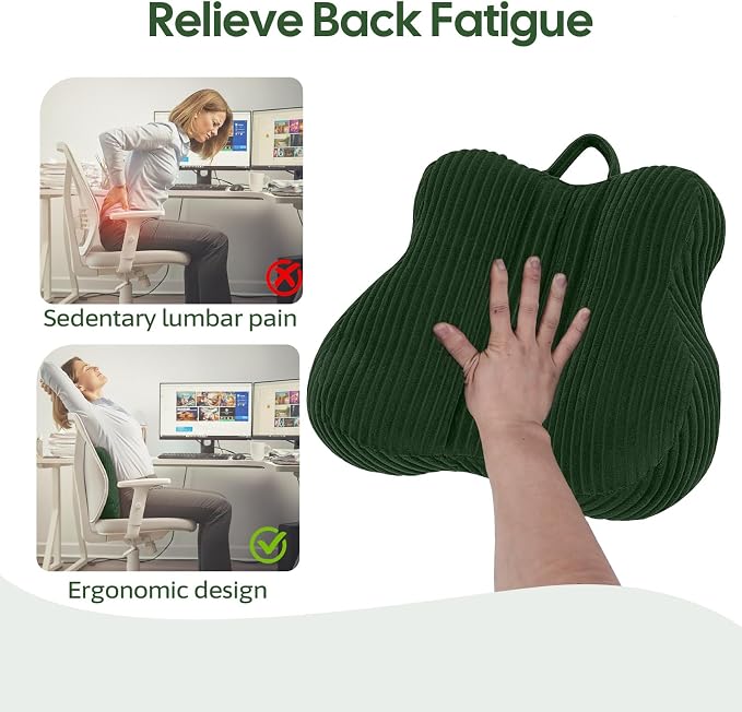 Lumbar Support Pillow for Recliner, Back Support Pillow for Office Chair, Back Cushion with Shredded Foam for Back Pain Relief & Reading, Lumbar Cushions for Couch, Sofa Seat, Car, Green