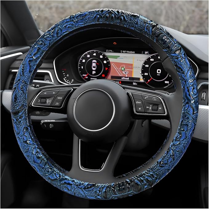 Leather Car Steering Wheel Cover, 15" Crocodile Pattern Anti Slip Car Wheel Wrap with Rose Grain, Four Seasons Universal Auto Steering Wheel Protector for Cars Trucks SUVs (Blue)