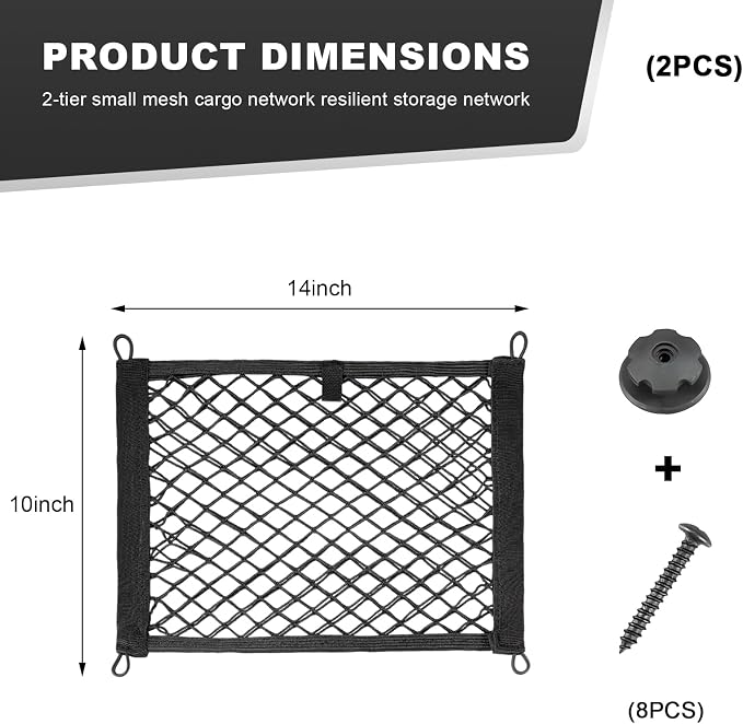 2 PCS Small Cargo Nets, 14"×10" Double Layer Car Organizer Net with Mounting Screws & Hooks, Stretchable Cargo Netting Storage Pouch for Car Truck SUV RV Boat Trunk