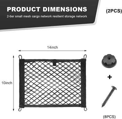 2 PCS Small Cargo Nets, 14"×10" Double Layer Car Organizer Net with Mounting Screws & Hooks, Stretchable Cargo Netting Storage Pouch for Car Truck SUV RV Boat Trunk