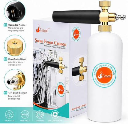 Foseal Adjustable Snow Foam Cannon with Heavy Duty Brass Knob, Quick Release Foam Blaster for Pressure Washer Gun, 1L Bottle