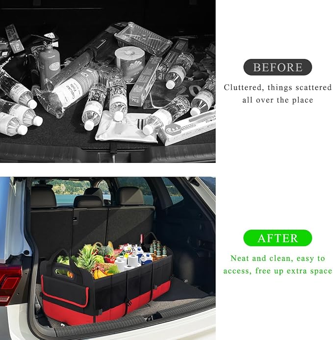 povtii Large Organizer for Car, 95L Stretchable Storage Trunk Organizer with Divided Compartments, Fixed Big Trunk Organizer with Handles & Adjustable Straps, Car Accessories (Black & Red)